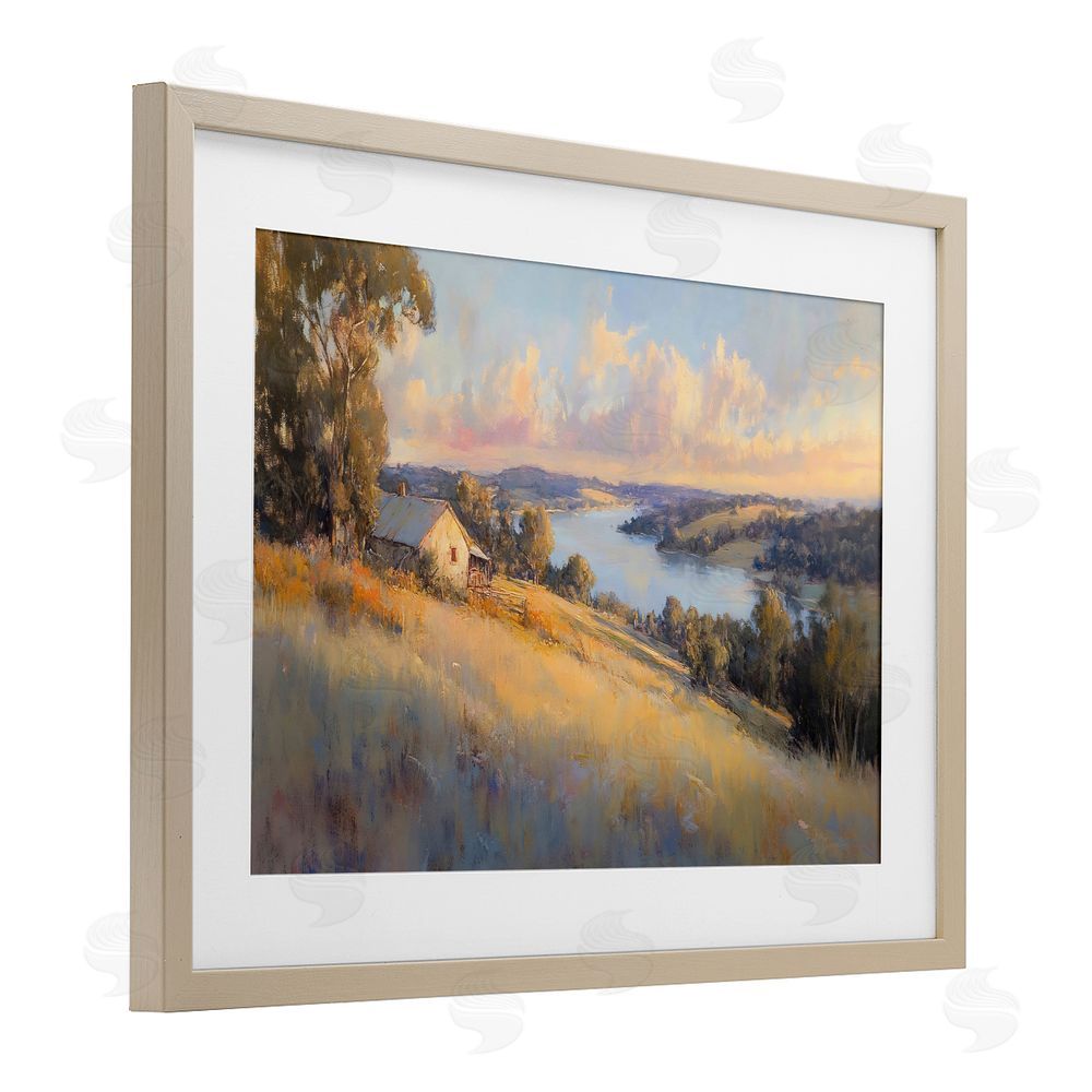 Creative Studio Hilltop Cottage in Sunset Glow Brown Framed Print Under Glass Wall Art