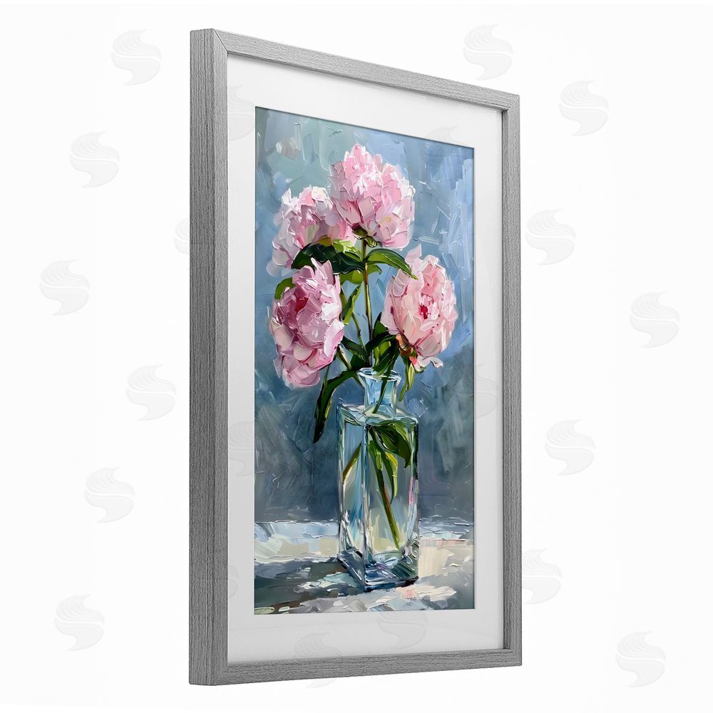 Creative Studio Beautiful Pink Pastel Peonies Gray Framed Print Under Glass with Matting Wall Art