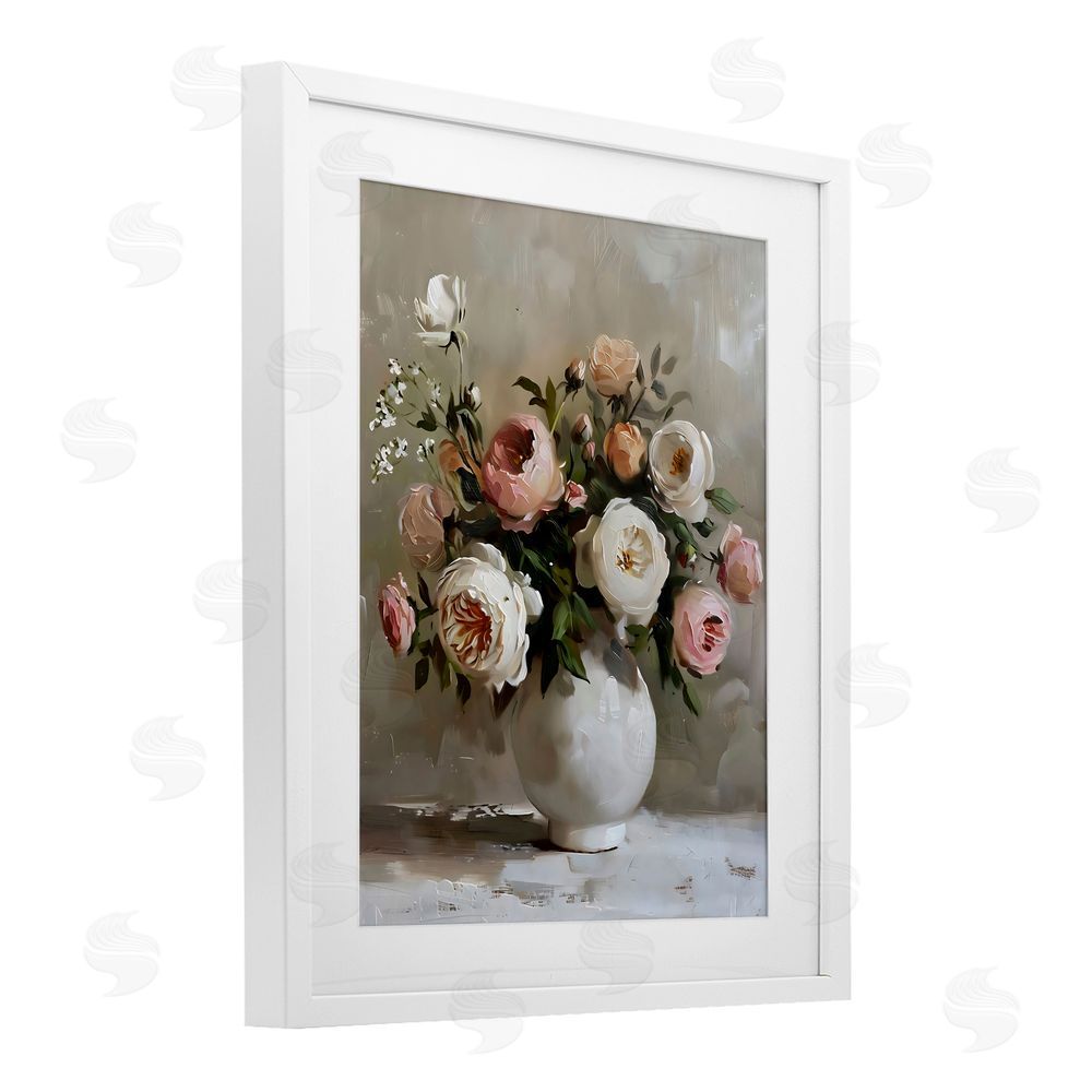 Creative Studio Peony Blooms Bouquet Vase White Framed Print Under Glass Wall Art