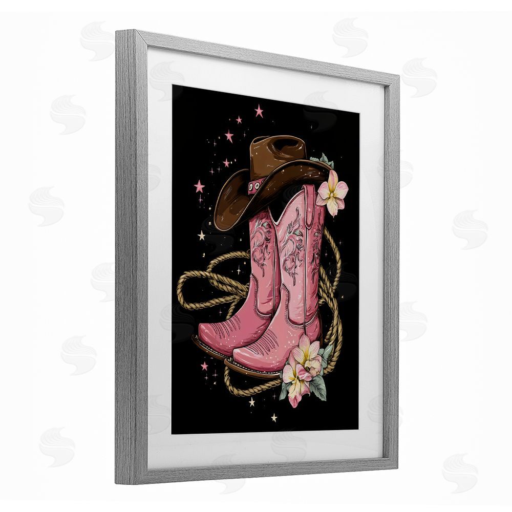 Creative Studio Western Chic Pink Boots Gray Framed Print Under Glass with White Mat Wall Art