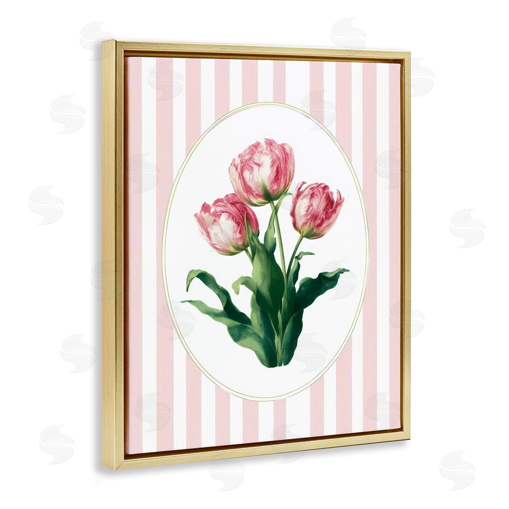 Ink Drop Loft Spring Tulips on Stripes Gold Floating Framed Canvas Wall Art Print