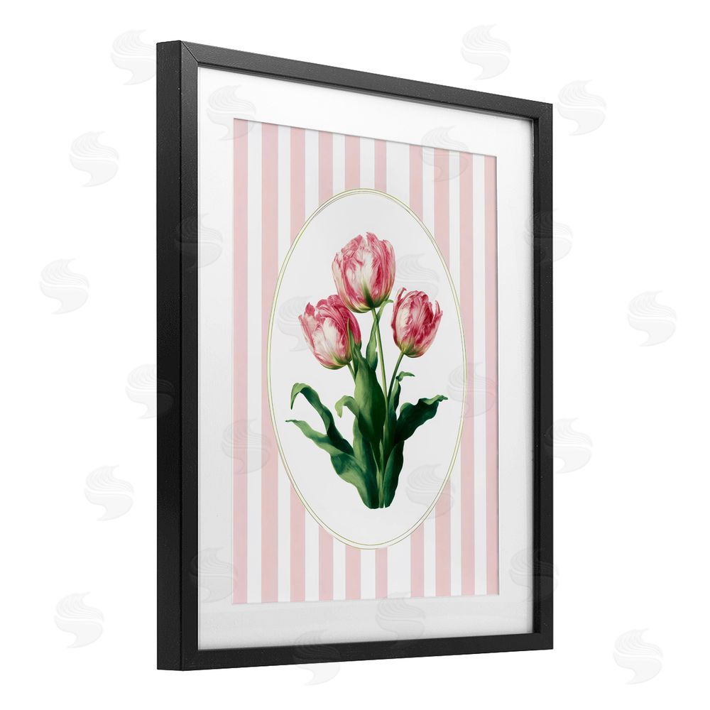 Ink Drop Loft Spring Tulips on Stripes Black Framed Print Under Glass with White Mat Wall Art
