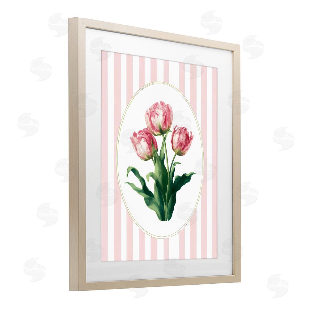 Ink Drop Loft Spring Tulips on Stripes Brown Framed Print Under Glass with White Mat Wall Art