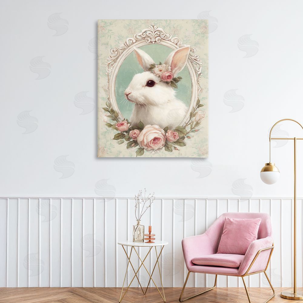 Ink Drop Loft Flower Fringed Bunny Portrait Stretched Canvas Wall Art in Room