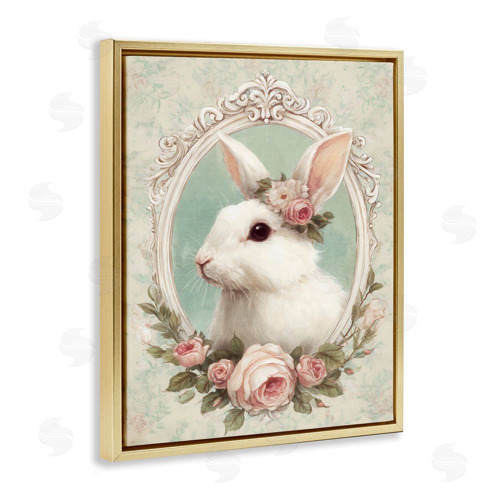 Ink Drop Loft Flower Fringed Bunny Portrait Gold Floating Framed Canvas Wall Art