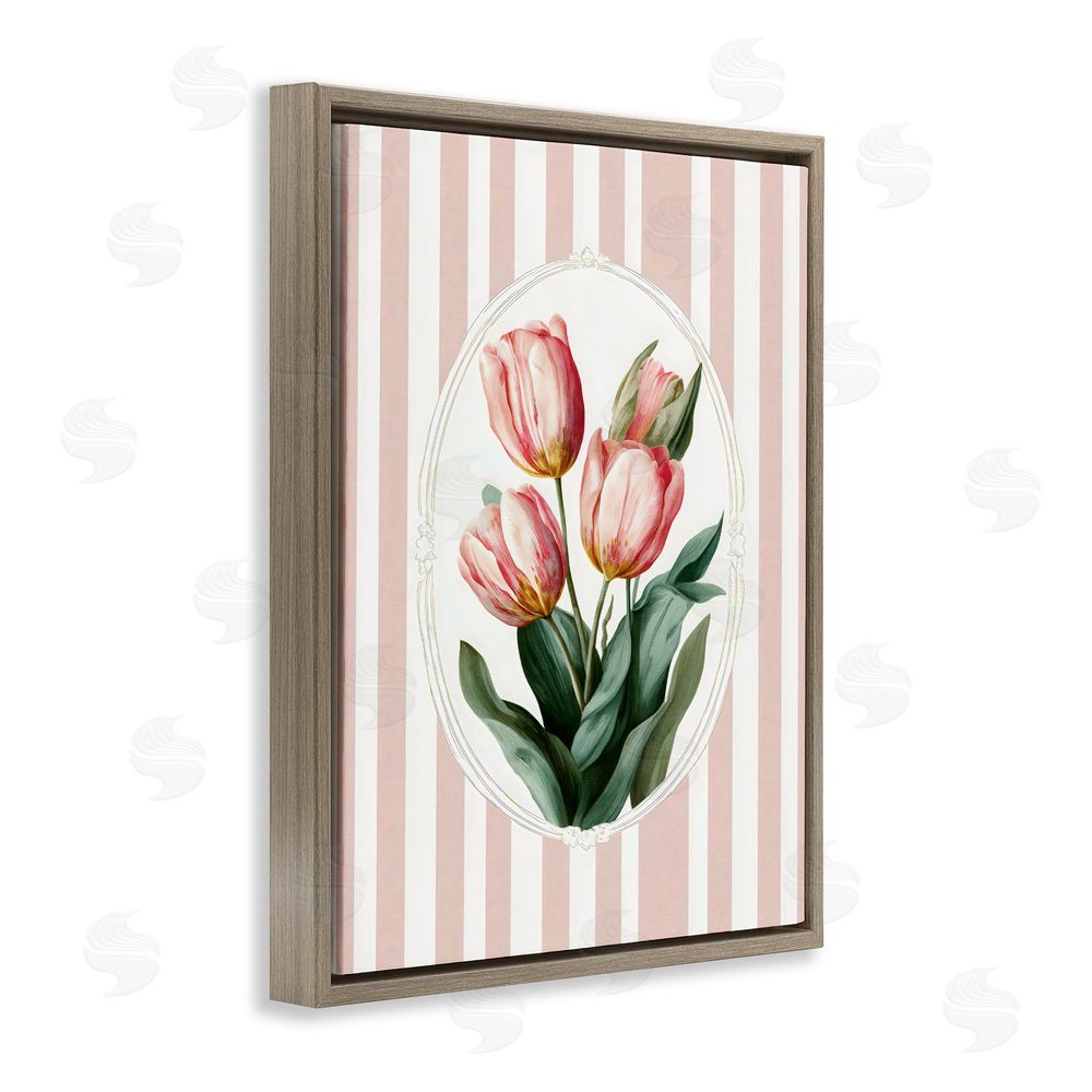 Ink Drop Loft Vintage Tulips on Stripes Brown Floating Framed Canvas Wall Art Print