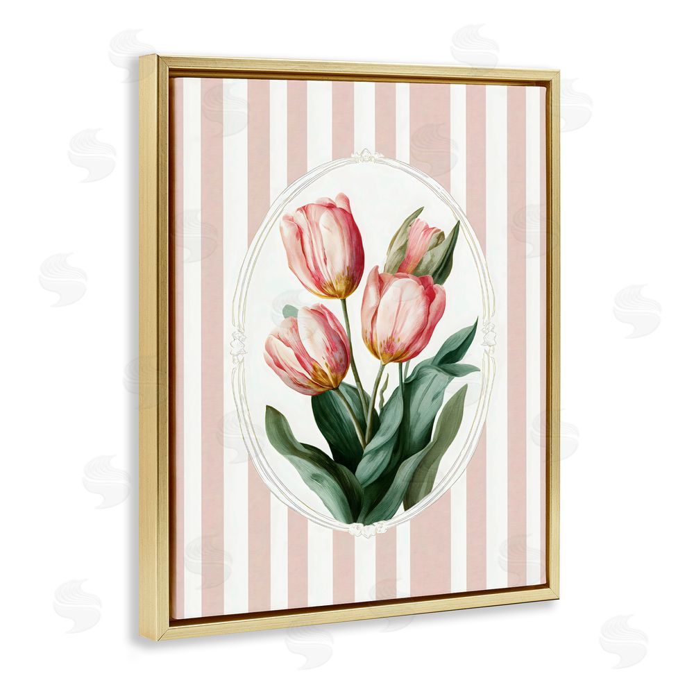 Ink Drop Loft Vintage Tulips on Stripes Gold Floating Framed Canvas Wall Art Print