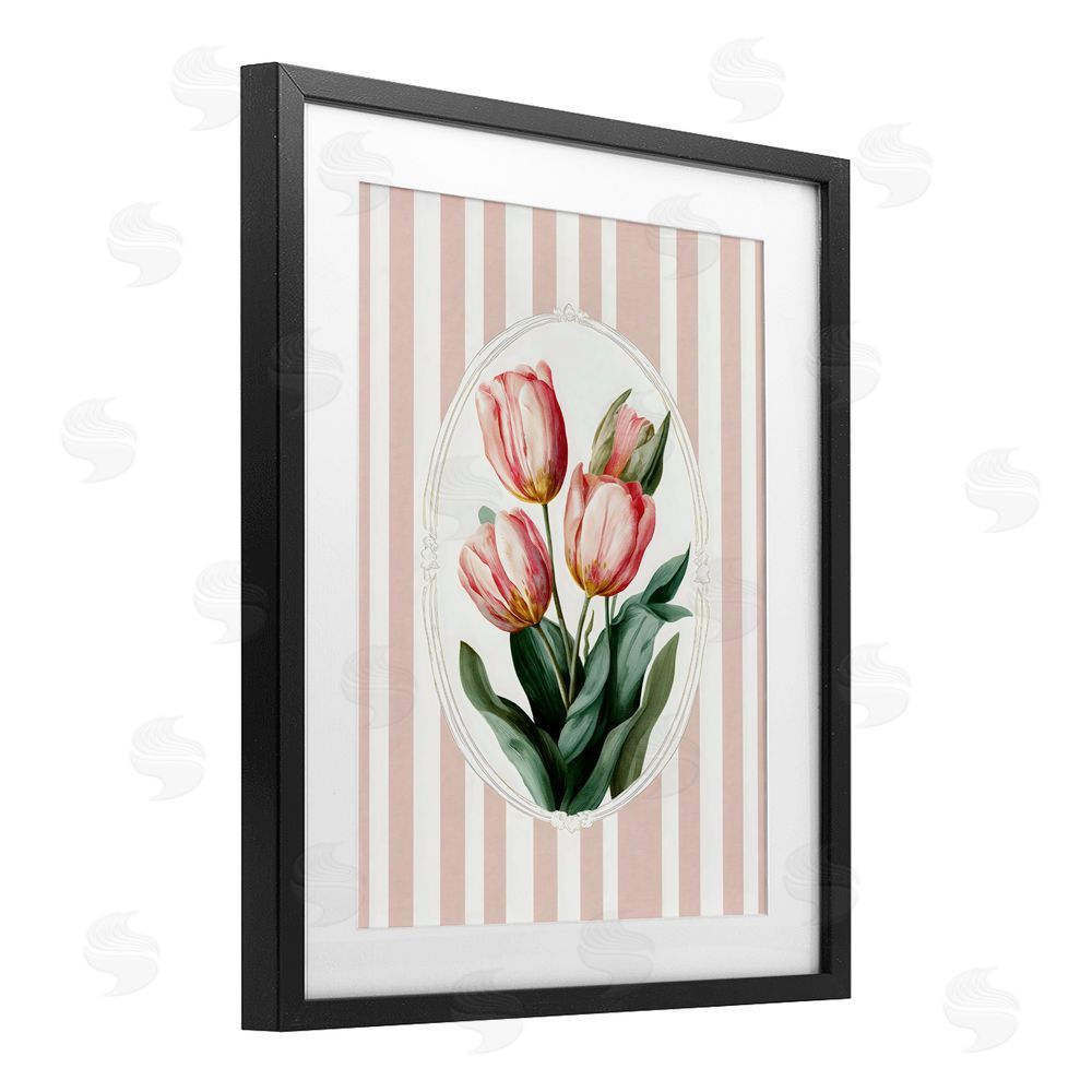Ink Drop Loft Vintage Tulips on Stripes Black Framed Print Under Glass with White Mat Wall Art