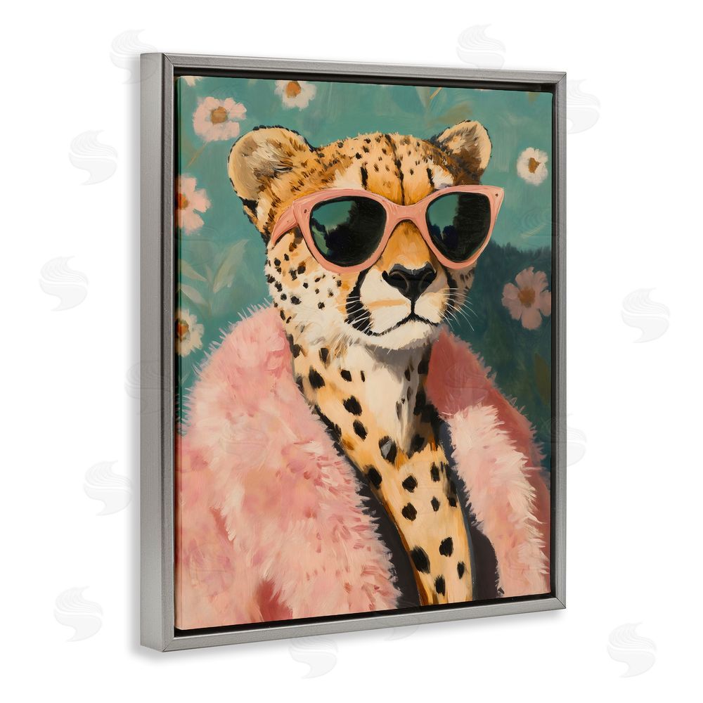 The Prints Vibe Glam Cheetah in Pink Fur Gray Floating Framed Canvas Wall Art