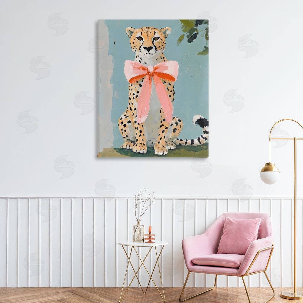 The Prints Vibe Cheetah with Big Pink Bow Stretched Canvas Wall Art in Room