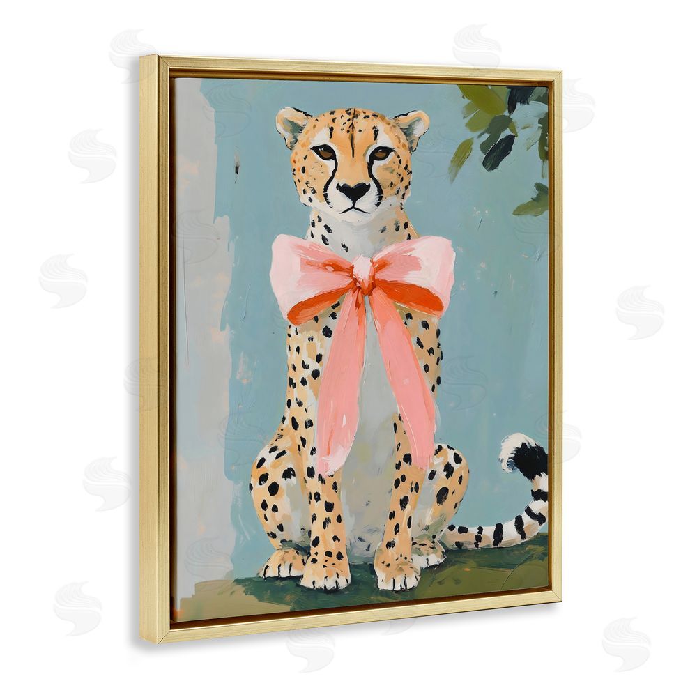 The Prints Vibe Cheetah with Big Pink Bow Gold Floating Frame Canvas Wall Art Print