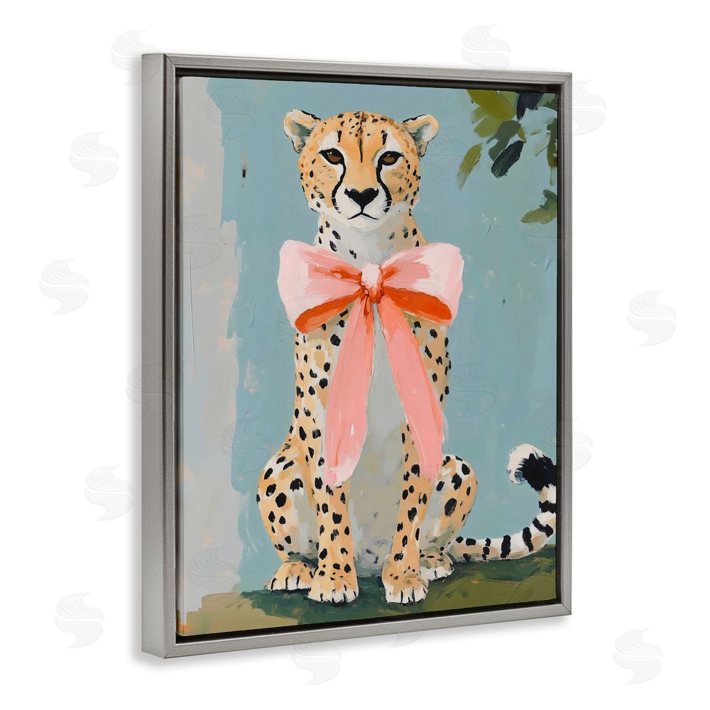 The Prints Vibe Cheetah with Big Pink Bow Gray Floating Frame Canvas Wall Art Print