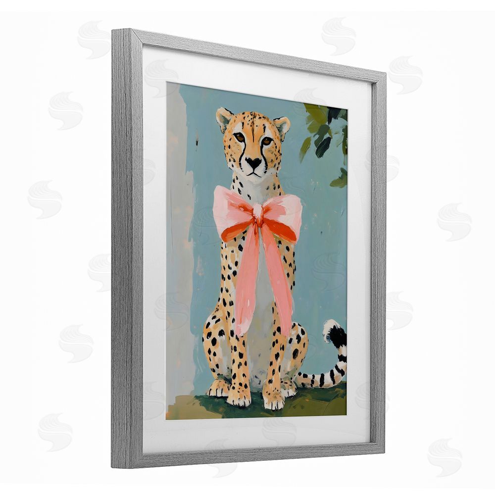 The Prints Vibe Cheetah with Big Pink Bow Gray Framed Print Under Glass Wall Art