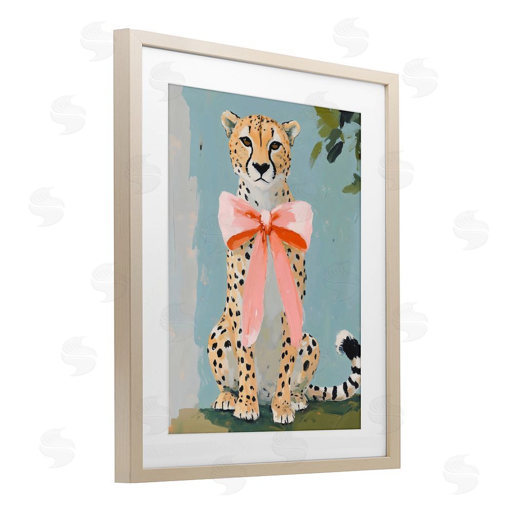 The Prints Vibe Cheetah with Big Pink Bow Brown Framed Print Under Glass Wall Art