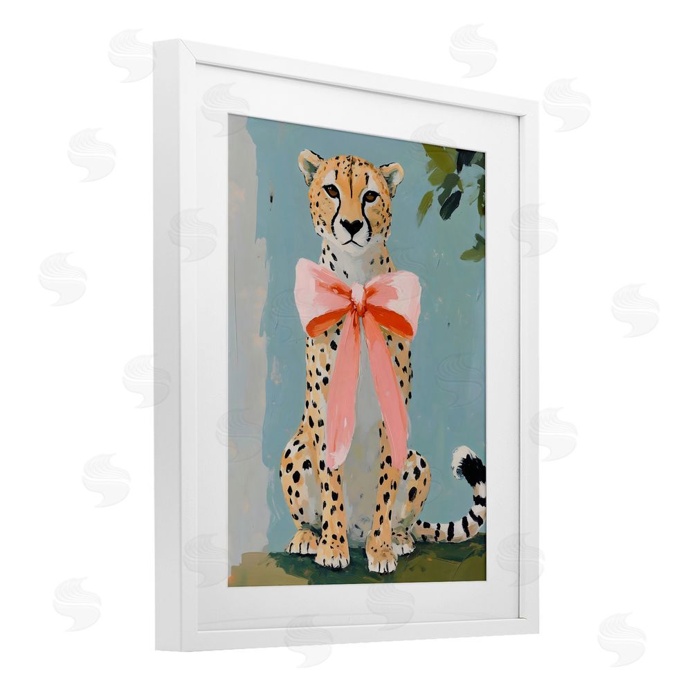 The Prints Vibe Cheetah with Big Pink Bow White Framed Print Under Glass Wall Art