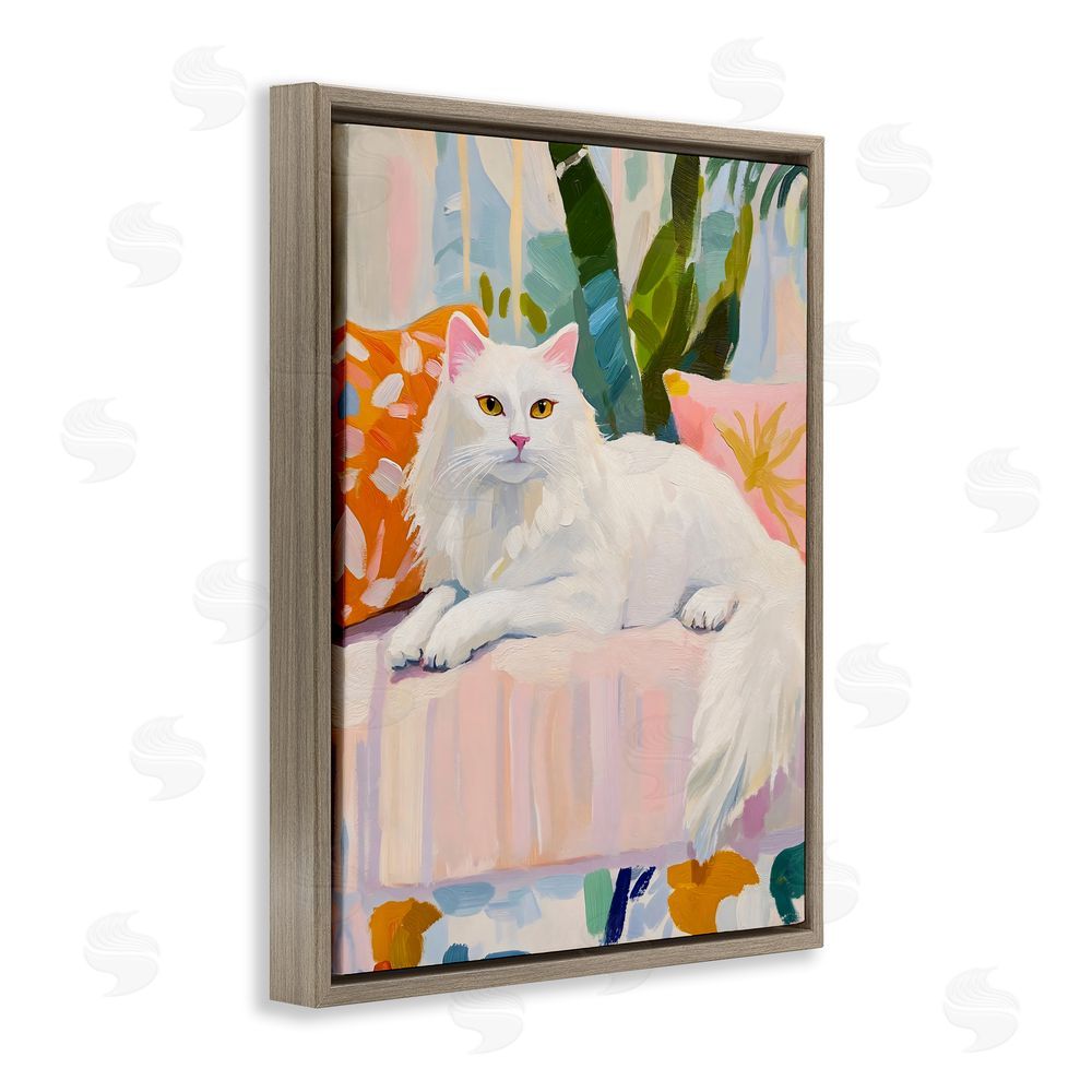 The Prints Vibe Fancy Cat on Pastel Sofa Brown Floating Framed Canvas Wall Art
