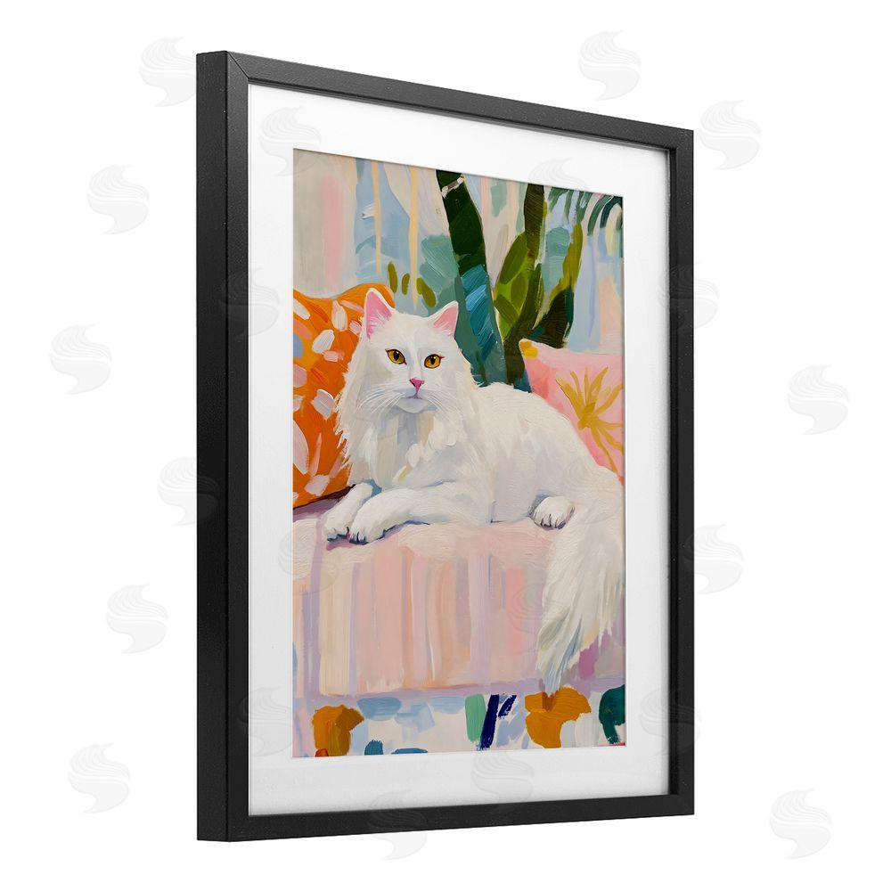 The Prints Vibe Fancy Cat on Pastel Sofa Black Framed Print Under Glass Wall Art
