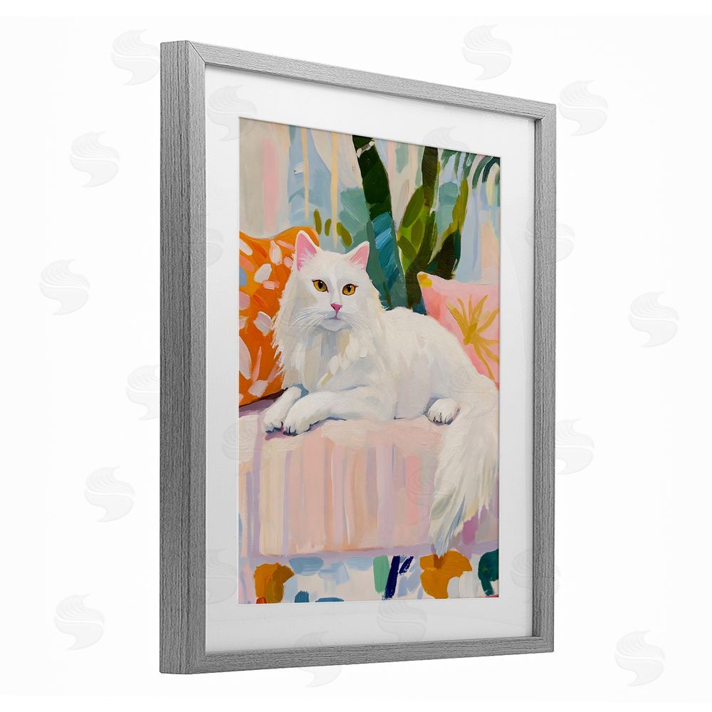 The Prints Vibe Fancy Cat on Pastel Sofa Gray Framed Print Under Glass Wall Art