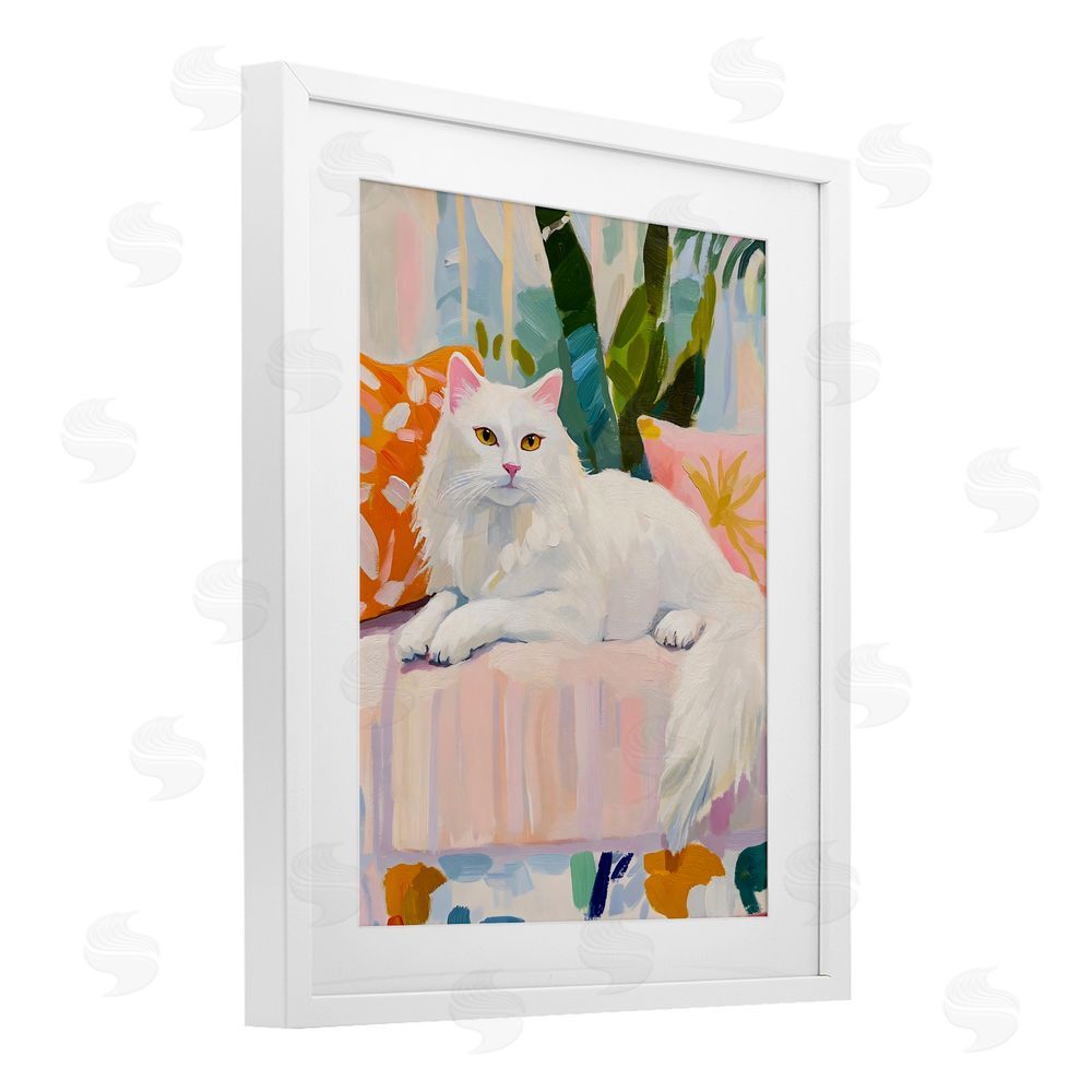 The Prints Vibe Fancy Cat on Pastel Sofa White Framed Print Under Glass Wall Art