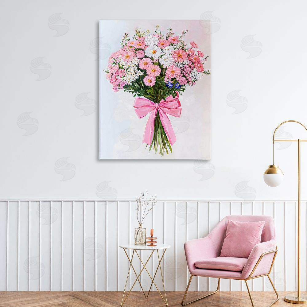 The Prints Vibe Pink & White Tied Flower Bouquet Stretched Canvas Wall Art in Room