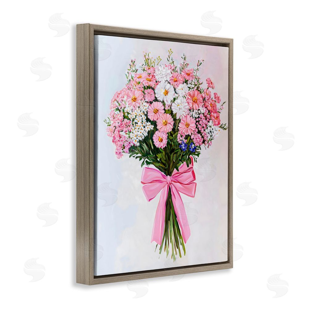 The Prints Vibe Pink & White Tied Flower Bouquet Brown Floating Framed Canvas Wall Art