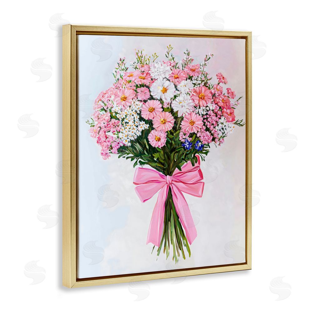 The Prints Vibe Pink & White Tied Flower Bouquet Gold Floating Framed Canvas Wall Art