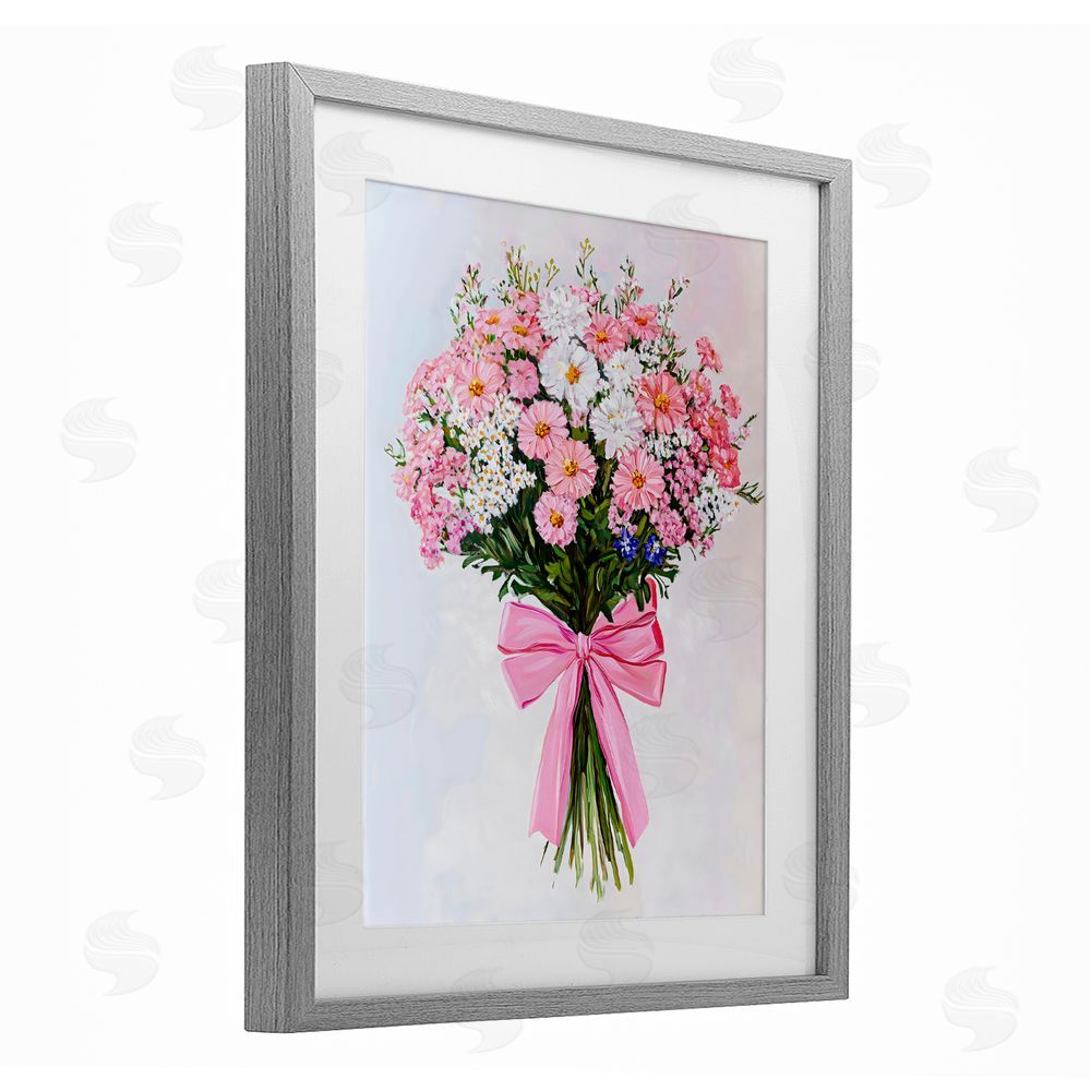 The Prints Vibe Pink & White Tied Flower Bouquet Gray Framed Print Under Glass Wall Art