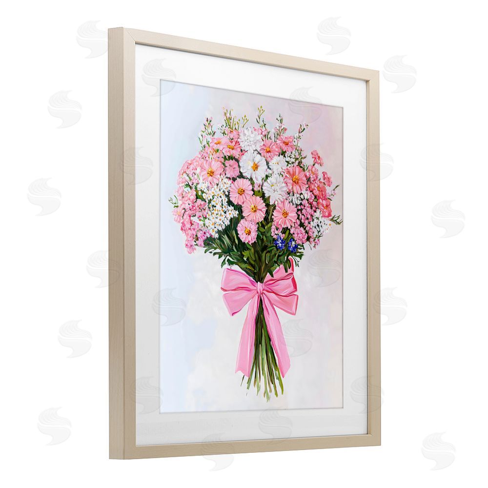 The Prints Vibe Pink & White Tied Flower Bouquet Brown Framed Print Under Glass Wall Art