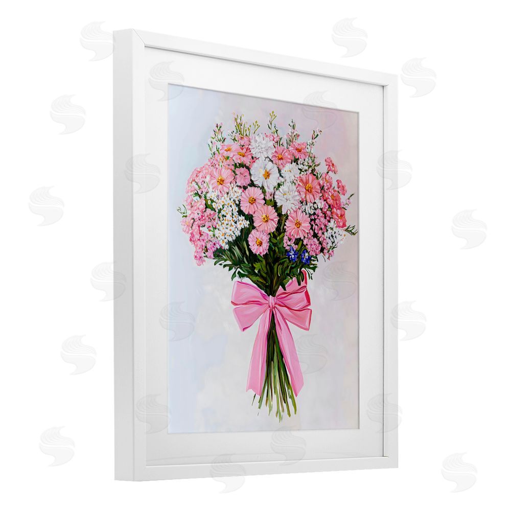 The Prints Vibe Pink & White Tied Flower Bouquet White Framed Print Under Glass Wall Art