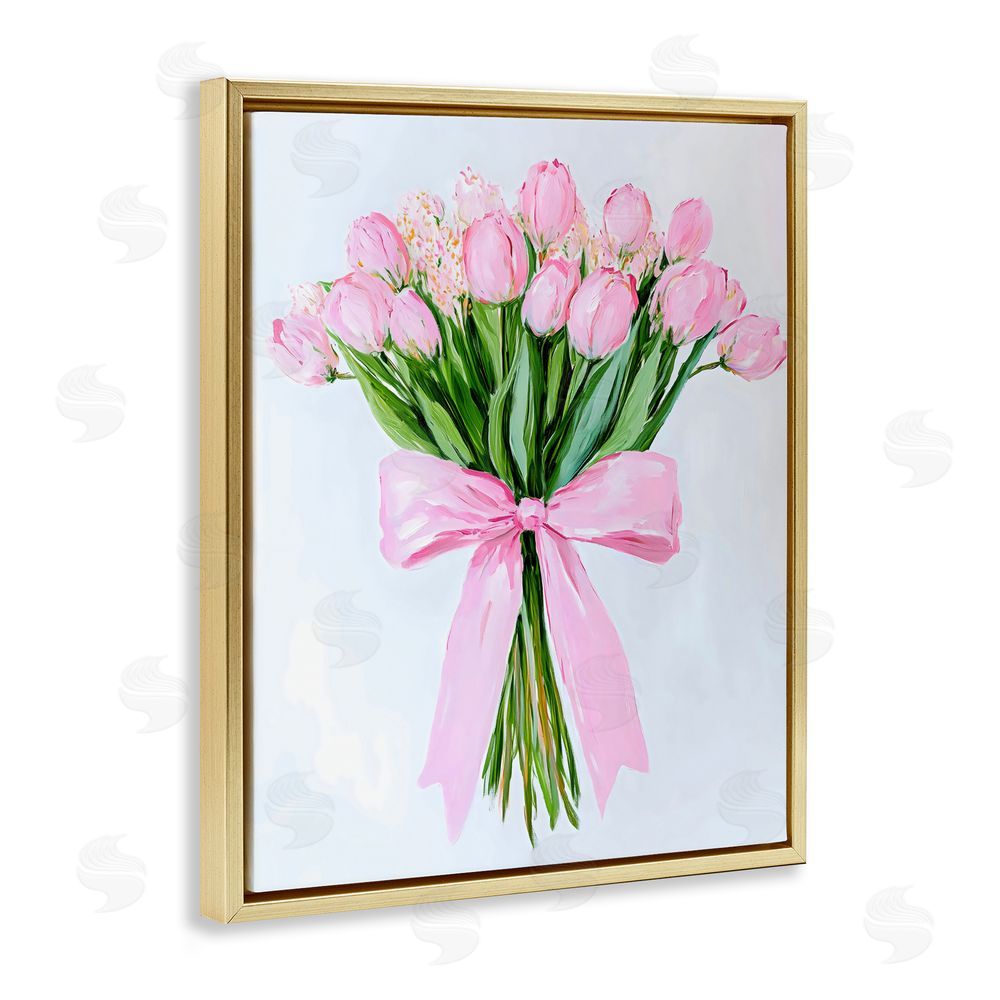 The Prints Vibe Soft Pink Tulips with Ribbon Gold Floating Framed Canvas Wall Art Print