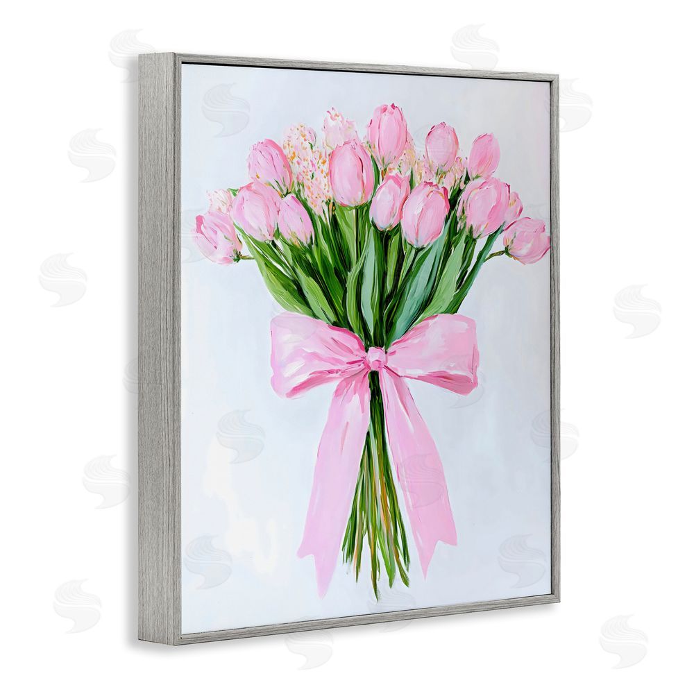The Prints Vibe Soft Pink Tulips with Ribbon Gray Framed Giclee Wall Art Print