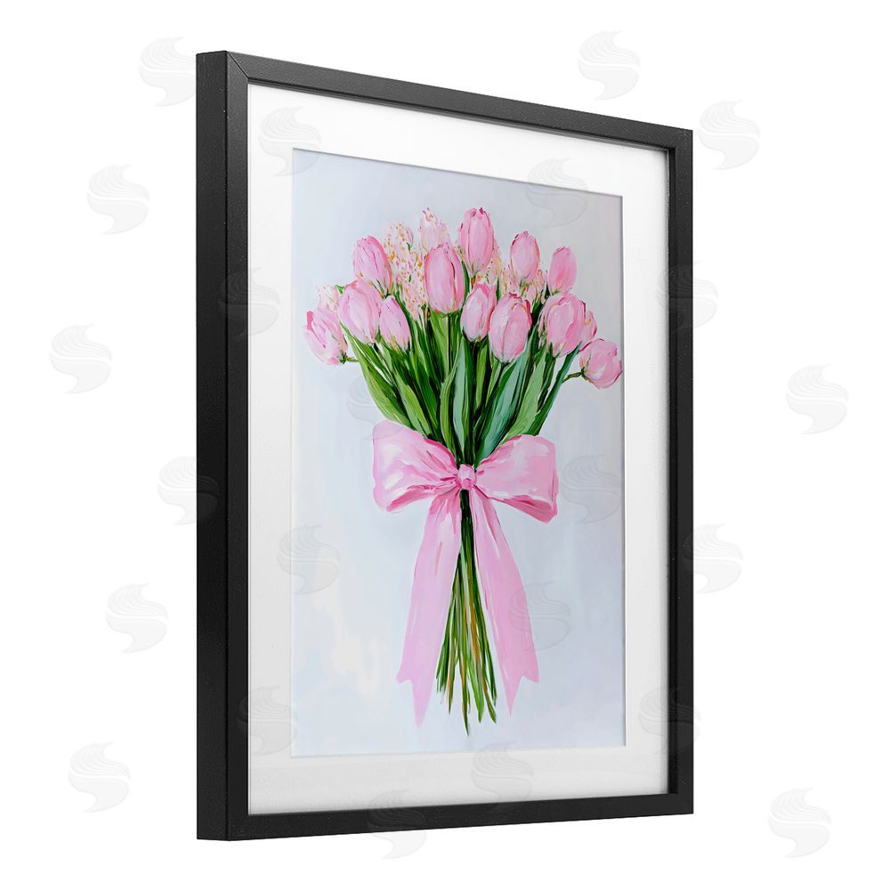 The Prints Vibe Soft Pink Tulips with Ribbon Black Framed Print Under Glass with White Mat Wall Art