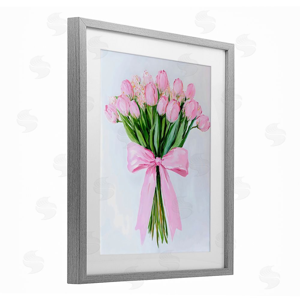 The Prints Vibe Soft Pink Tulips with Ribbon Gray Framed Print Under Glass with White Mat Wall Art