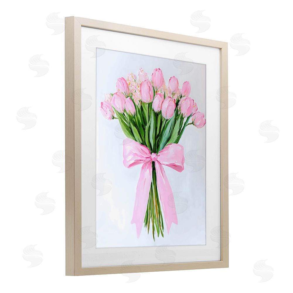 The Prints Vibe Soft Pink Tulips with Ribbon Brown Framed Print Under Glass with White Mat Wall Art