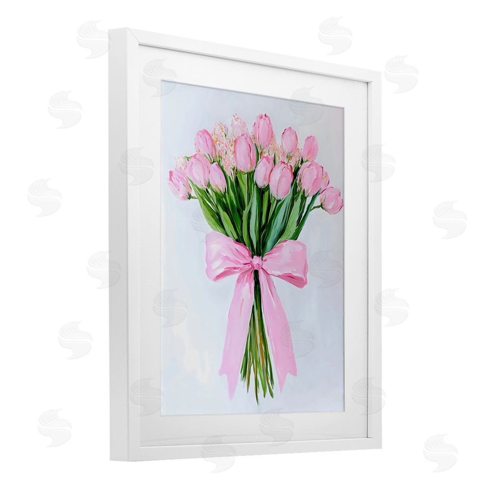 The Prints Vibe Soft Pink Tulips with Ribbon White Framed Print Under Glass with White Mat Wall Art