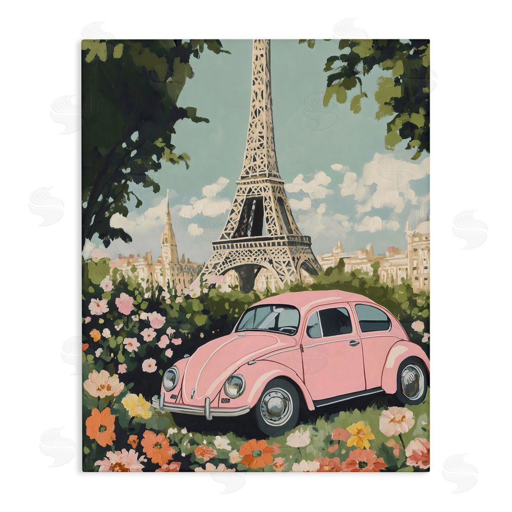 The Prints Vibe Paris Pink Car in Bloom Stretched Canvas Wall Art