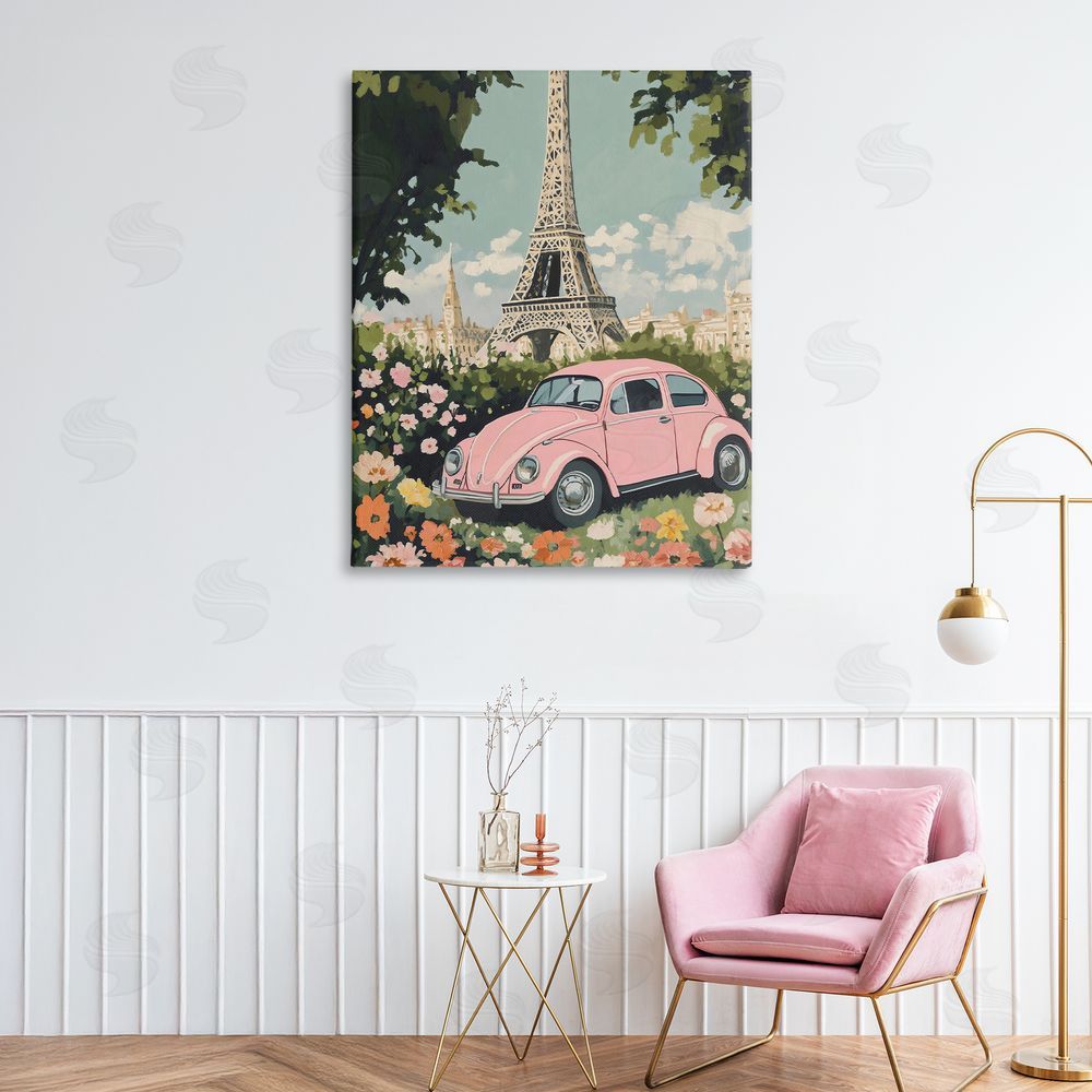 The Prints Vibe Paris Pink Car in Bloom Stretched Canvas Wall Art in Room