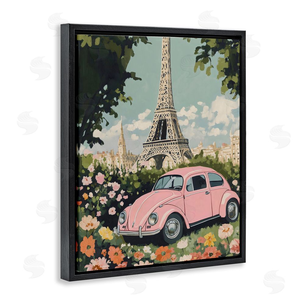 The Prints Vibe Paris Pink Car in Bloom Black Floating Framed Canvas Wall Art