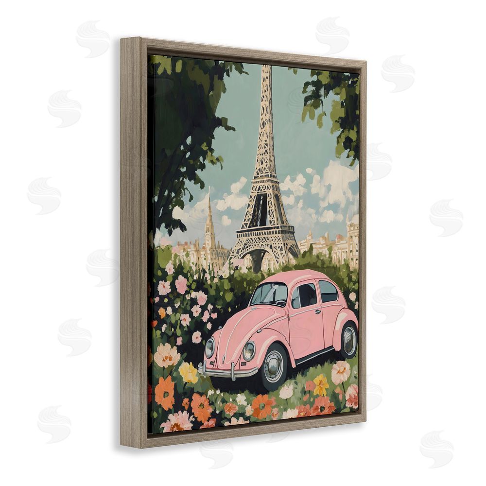 The Prints Vibe Paris Pink Car in Bloom Brown Floating Framed Canvas Wall Art