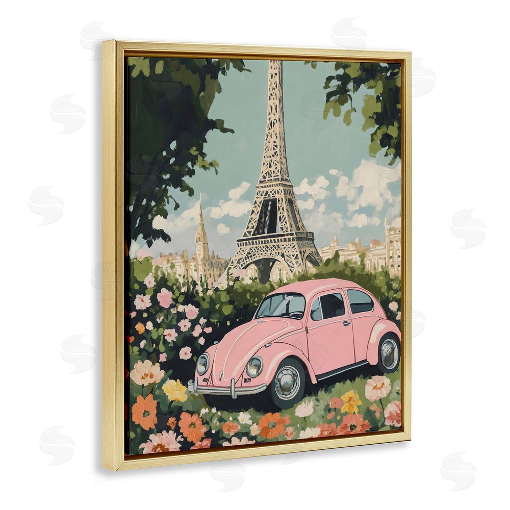 The Prints Vibe Paris Pink Car in Bloom Gold Floating Framed Canvas Wall Art