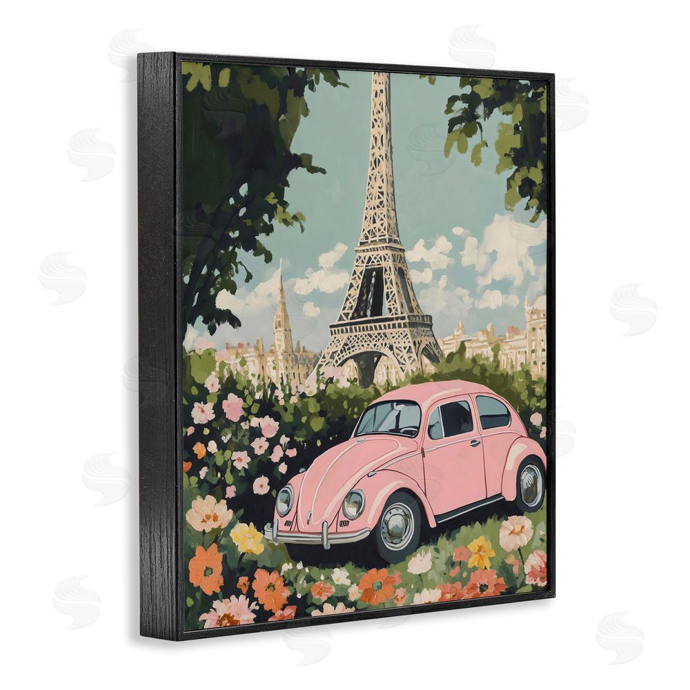The Prints Vibe Paris Pink Car in Bloom Black Framed Giclee Wall Art
