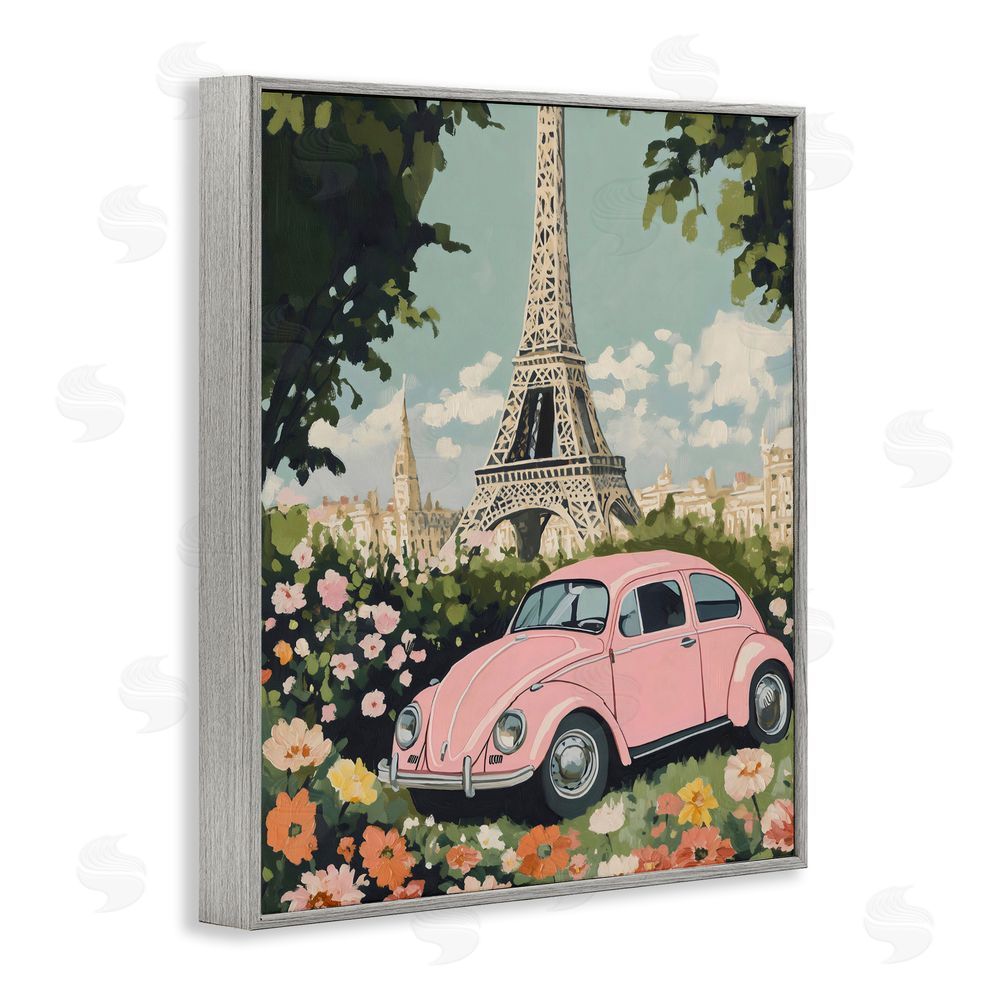 The Prints Vibe Paris Pink Car in Bloom Gray Framed Giclee Wall Art