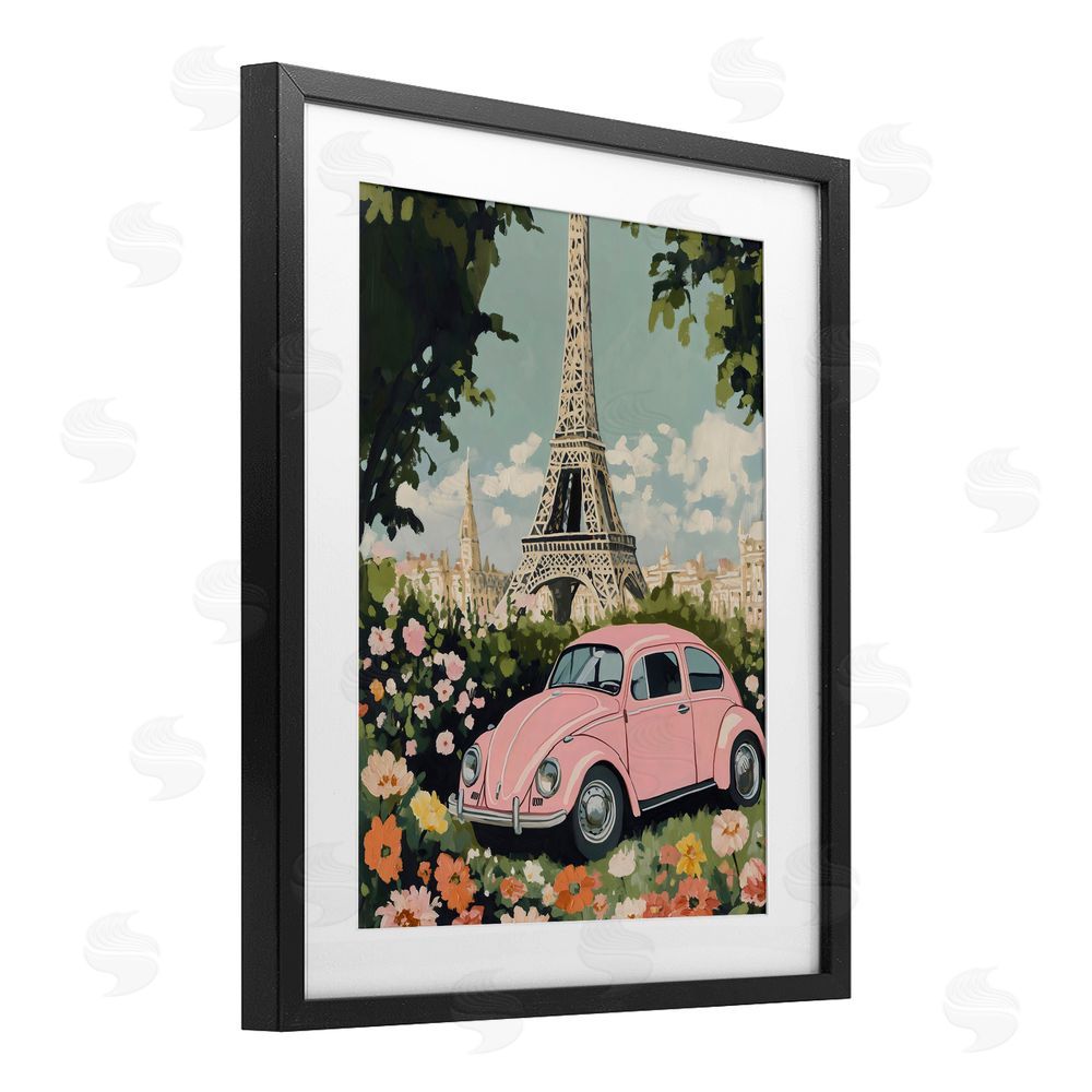 The Prints Vibe Paris Pink Car in Bloom Black Framed Print Under Glass Wall Art