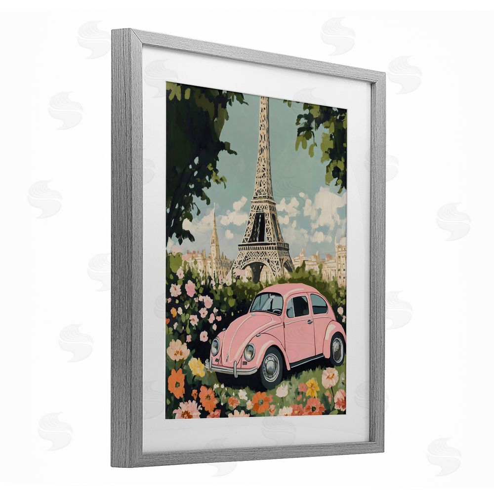 The Prints Vibe Paris Pink Car in Bloom Gray Framed Print Under Glass Wall Art