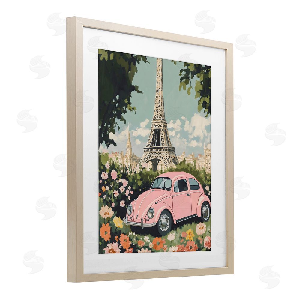 The Prints Vibe Paris Pink Car in Bloom Brown Framed Print Under Glass Wall Art