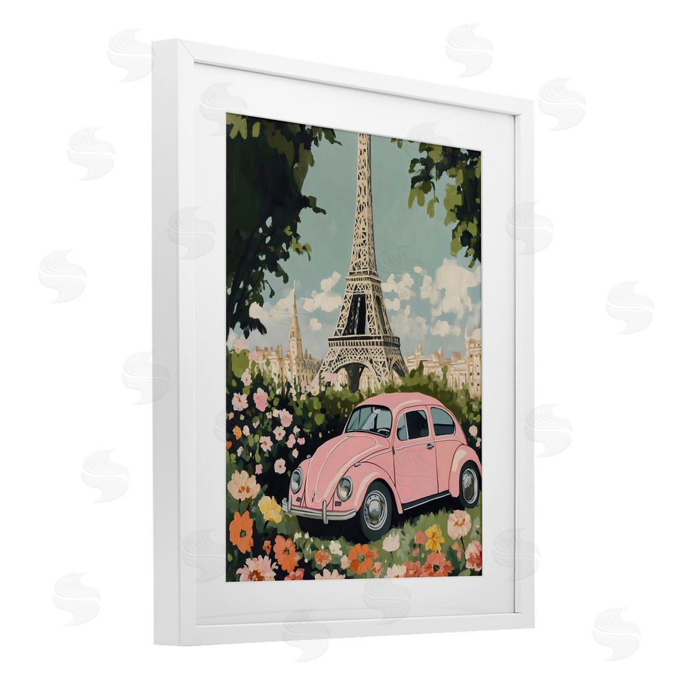 The Prints Vibe Paris Pink Car in Bloom White Framed Print Under Glass Wall Art