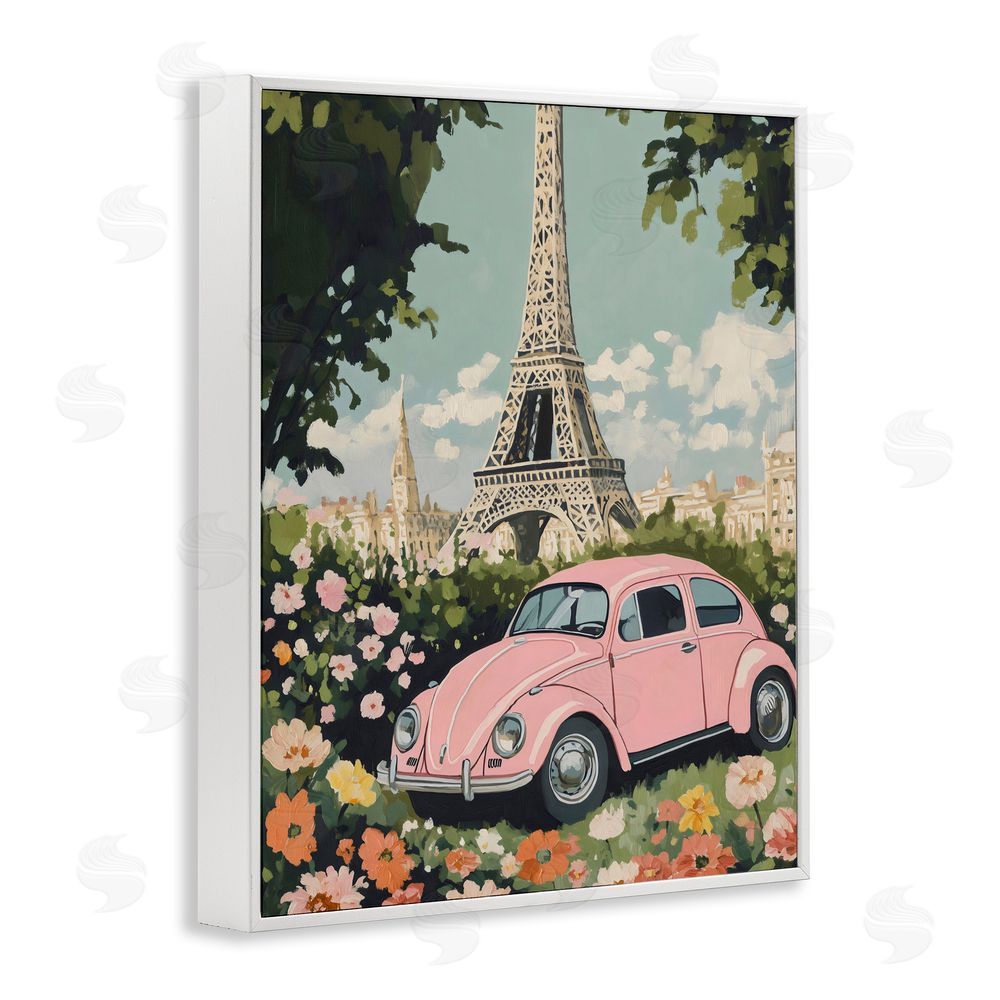 The Prints Vibe Paris Pink Car in Bloom White Framed Giclee Wall Art