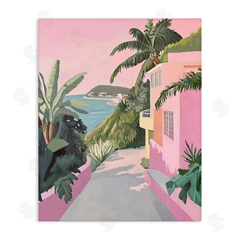The Prints Vibe Mediterranean Pink Coastal House Stretched Canvas Wall Art