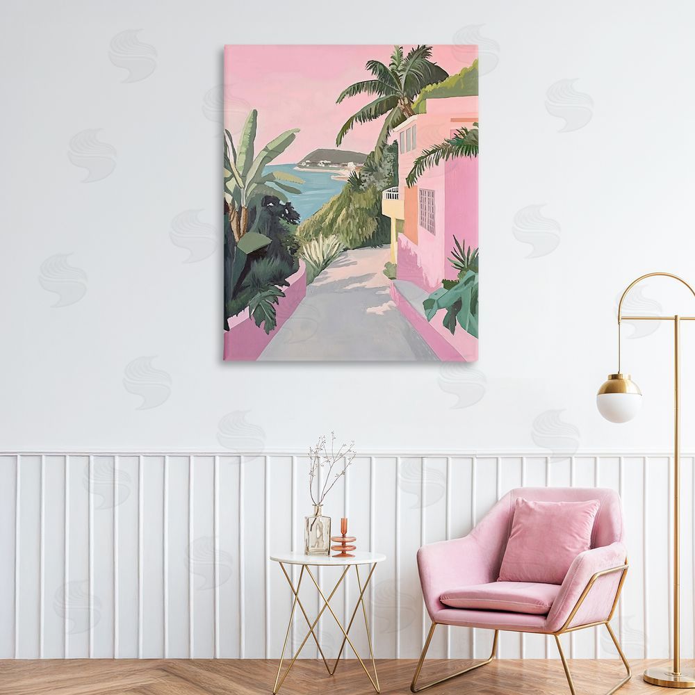 The Prints Vibe Mediterranean Pink Coastal House Stretched Canvas Wall Art in Room