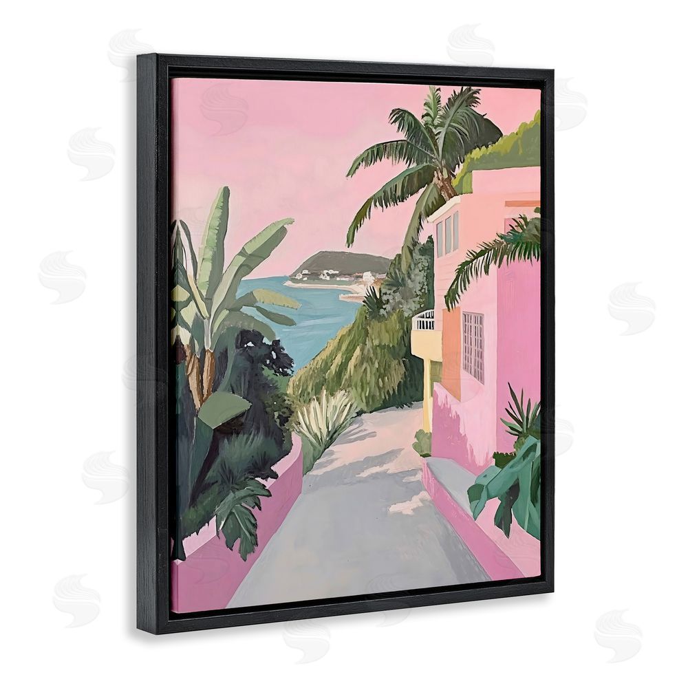 The Prints Vibe Mediterranean Pink Coastal House Black Floating Framed Canvas Wall Art